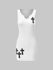 Cross Patch Ribbed Sleeveless Mini Dresses