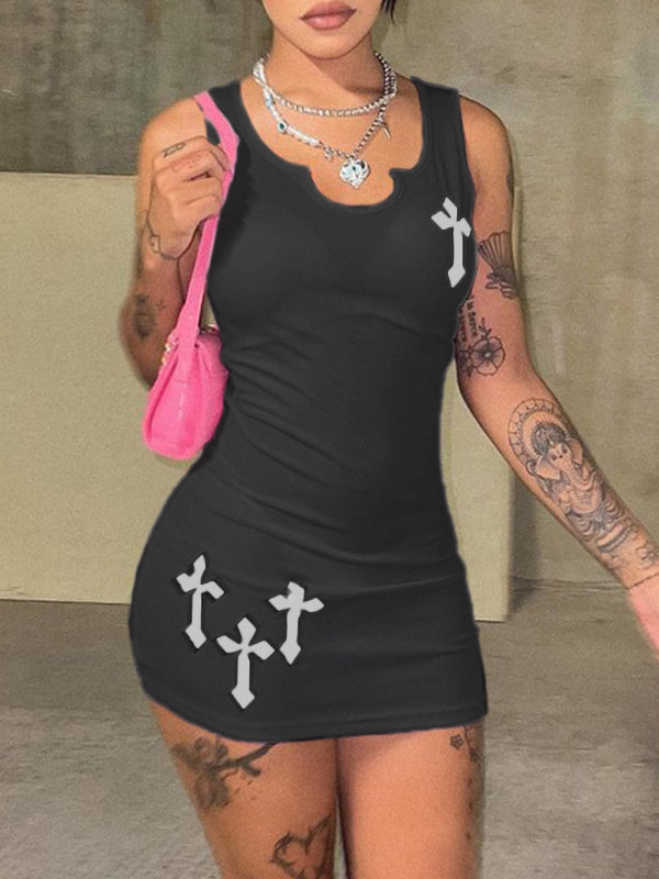 Cross Patch Ribbed Sleeveless Mini Dresses