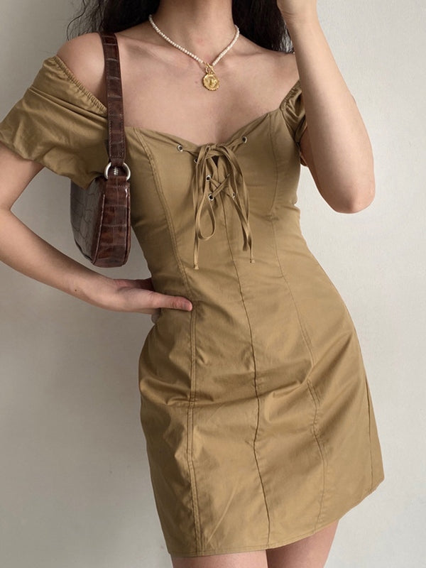 Tie Front Puff Sleeve Mini Dresses