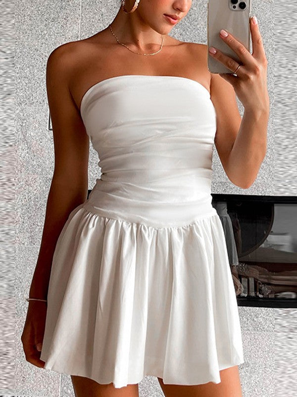 Smocked Back Ruched Bandeau Mini Dresses