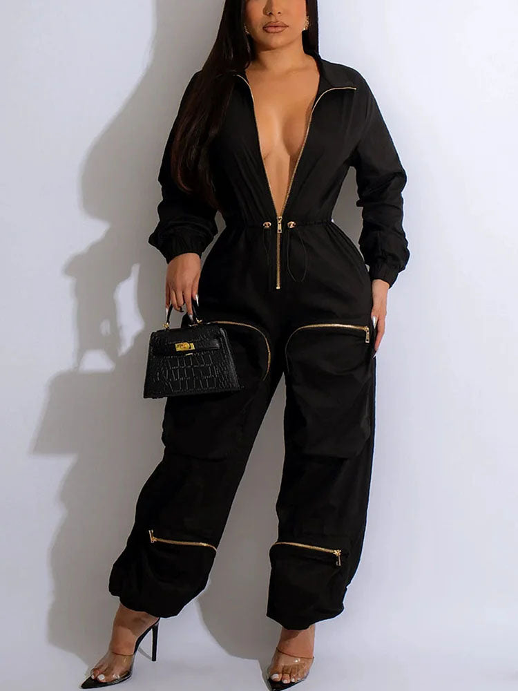 Deep V Zipper Pocket Jumpsuit