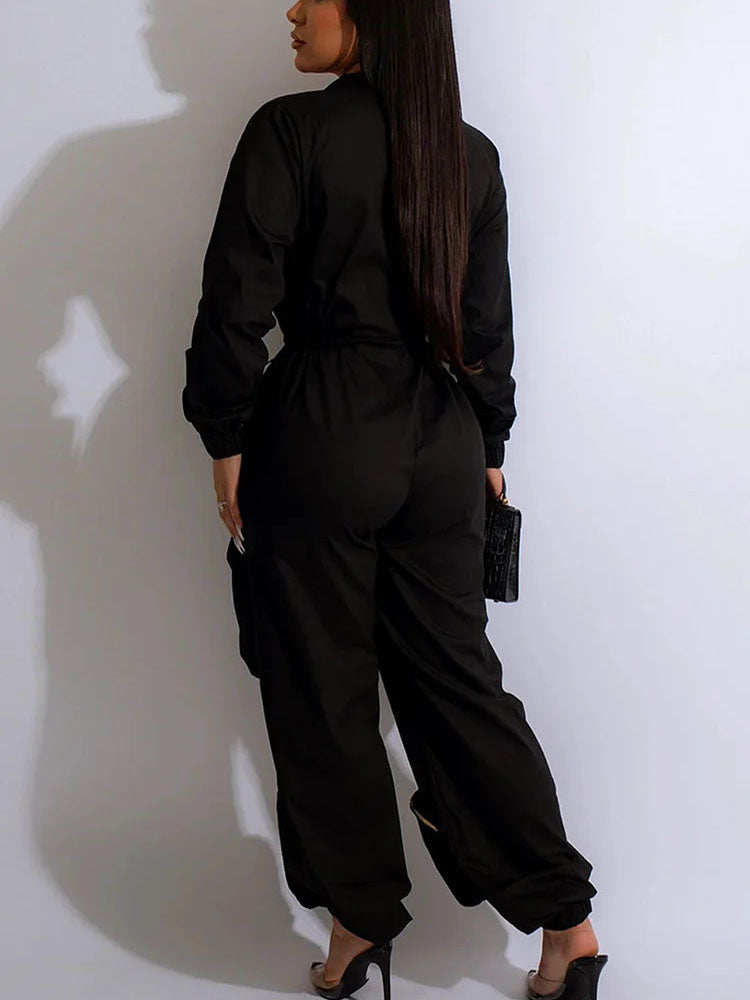Deep V Zipper Pocket Jumpsuit