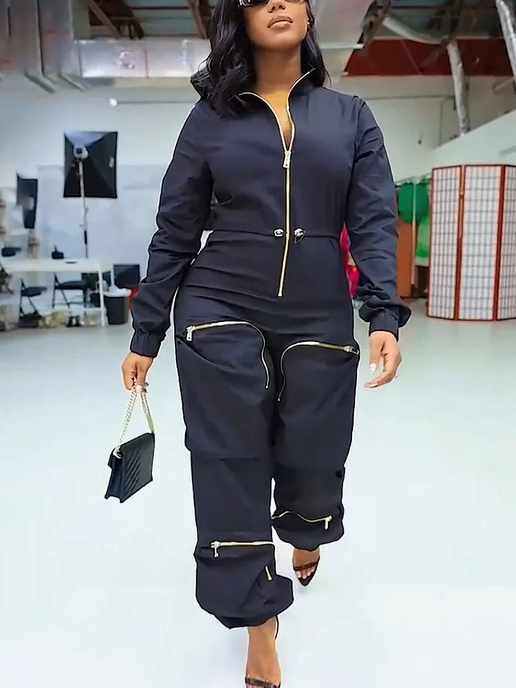 Deep V Zipper Pocket Jumpsuit