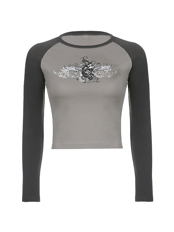 Raglan Sleeve Grunge Wing Print Crop Top