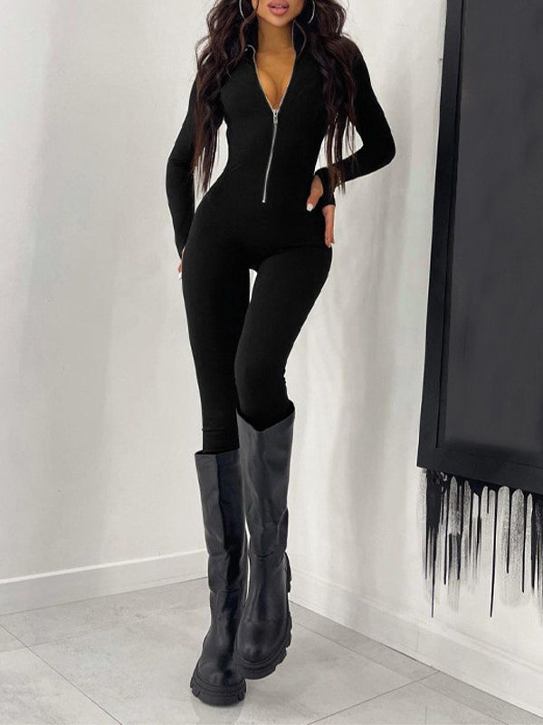 Solid Color Front Zip Skinny Jumpsuit