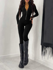 Solid Color Front Zip Skinny Jumpsuit