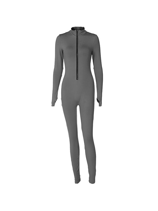 Solid Color Front Zip Skinny Jumpsuit