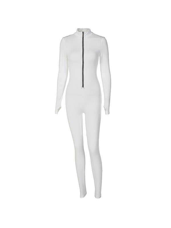 Solid Color Front Zip Skinny Jumpsuit