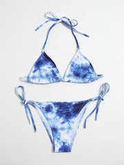 Tie-Dye Hanging Neck Lace Up Triangle Bikini