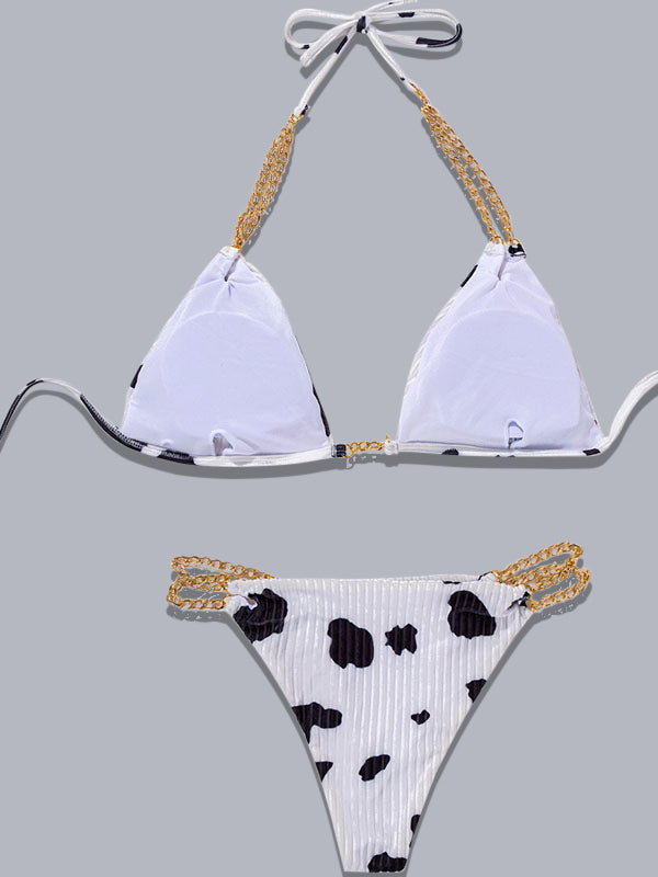 Cow Print Halter Chain Bikini Set