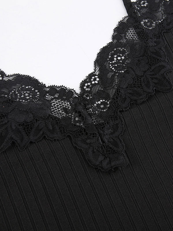 Lace Paneled Rib Crop Cami Top