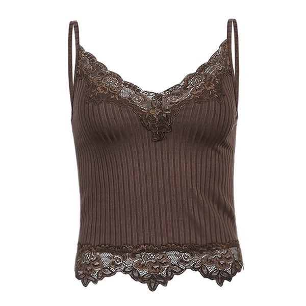 Lace Paneled Rib Crop Cami Top
