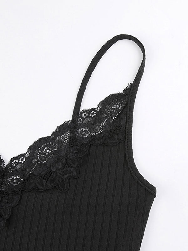 Lace Paneled Rib Crop Cami Top