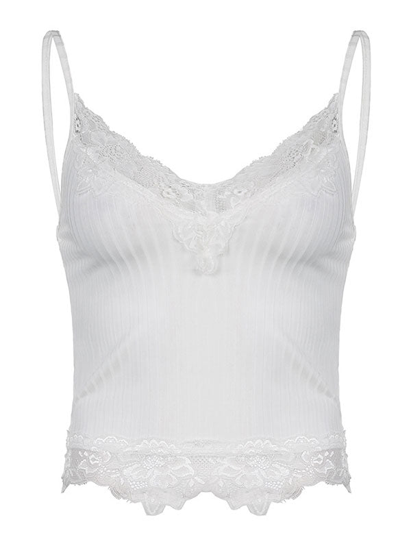Lace Paneled Rib Crop Cami Top