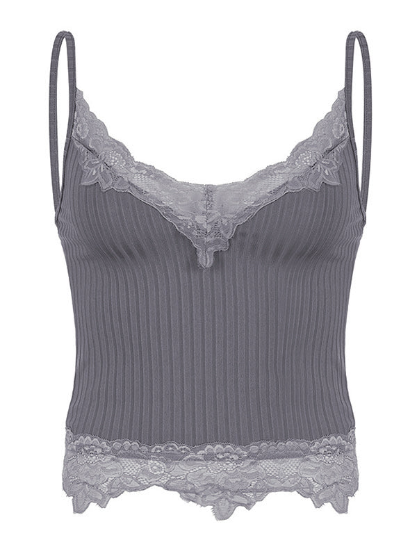 Lace Paneled Rib Crop Cami Top