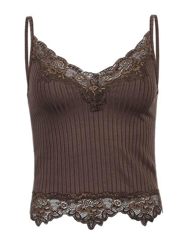 Lace Paneled Rib Crop Cami Top