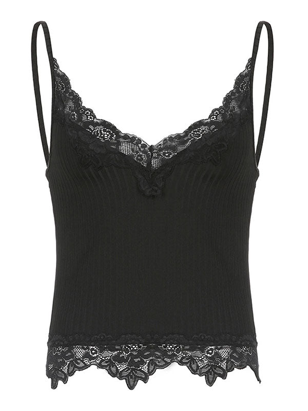 Lace Paneled Rib Crop Cami Top