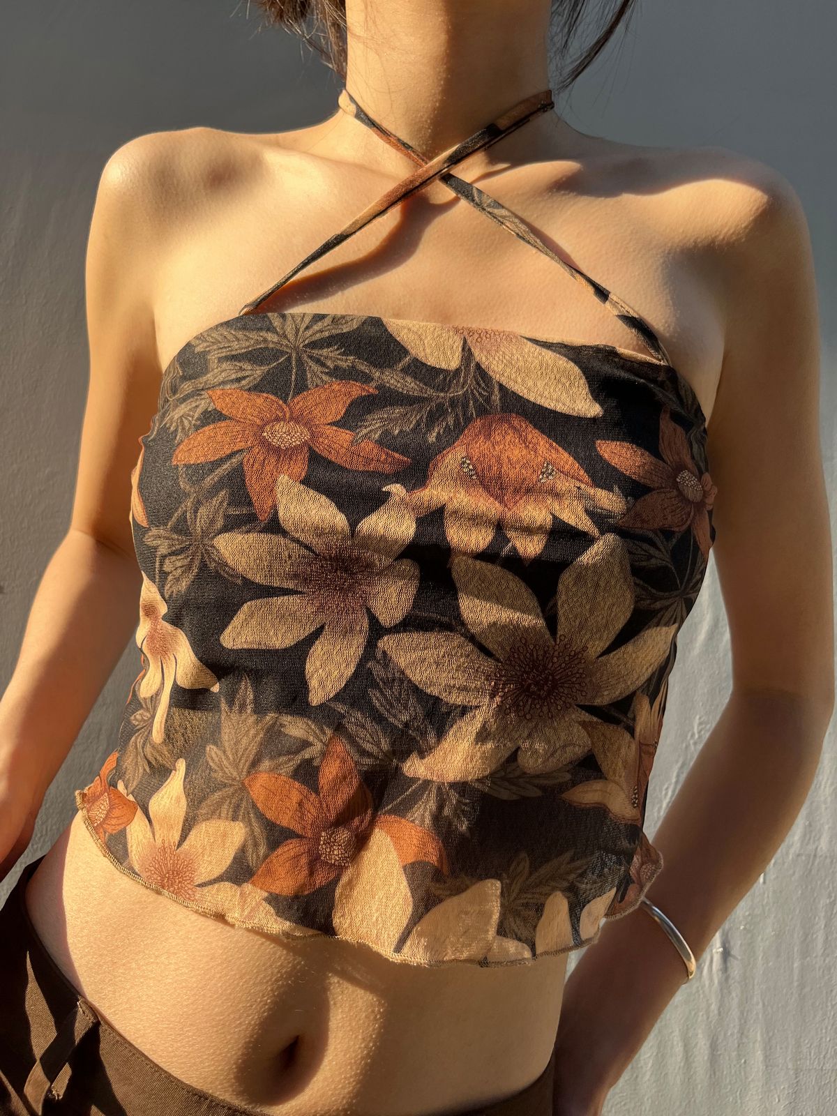 Halter Mesh Floral Crop Cami Top