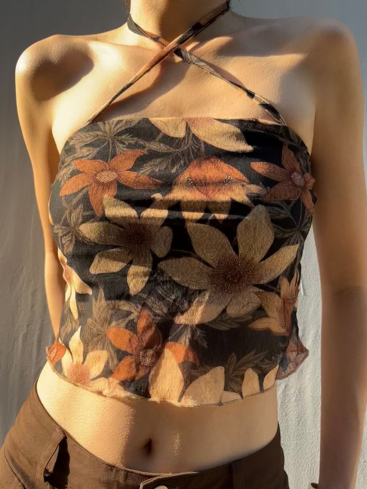 Halter Mesh Floral Crop Cami Top