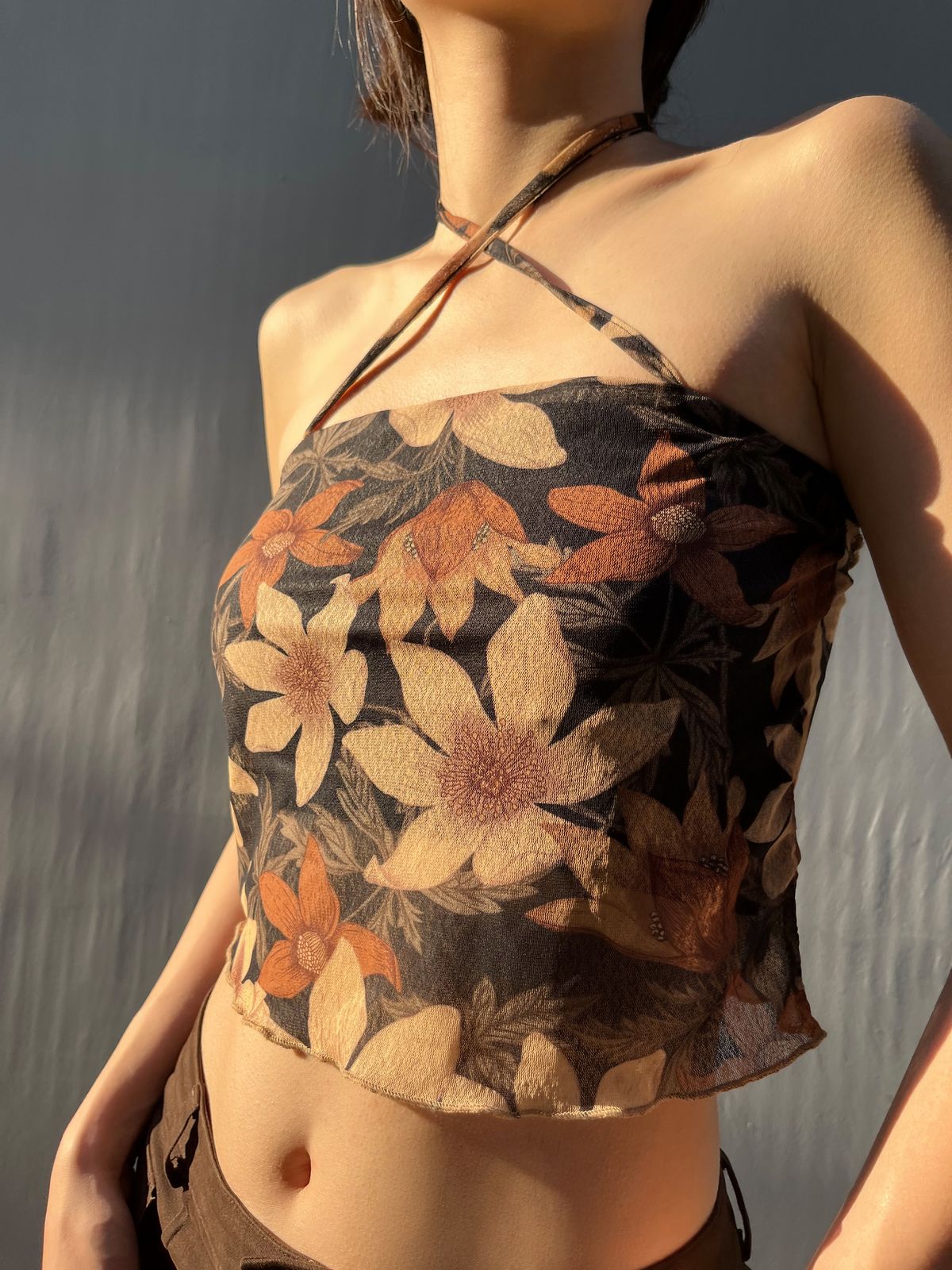 Halter Mesh Floral Crop Cami Top