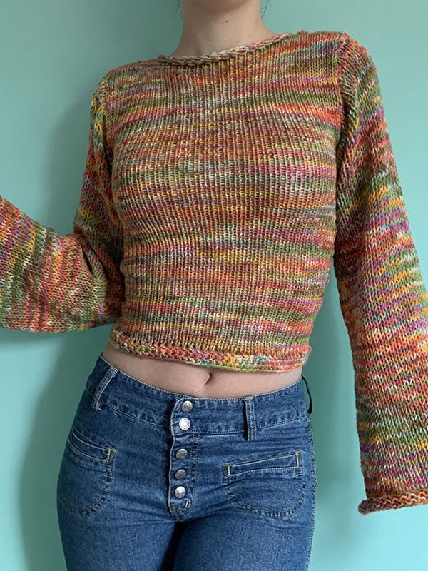 Rainbow Striped Pullover Knit Crop Sweater