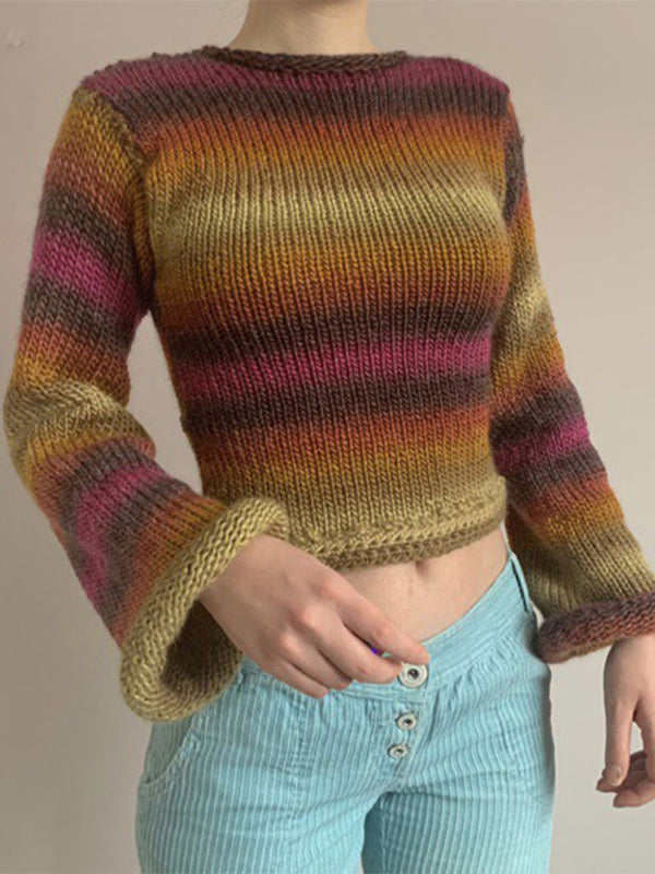 Rainbow Striped Pullover Knit Crop Sweater