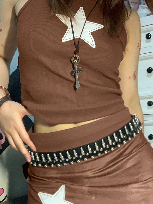 Star Embroidered Rib Cropped Tank Top