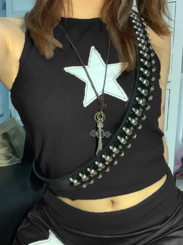 Star Embroidered Rib Cropped Tank Top