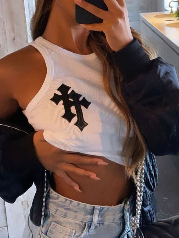 Star Embroidered Rib Cropped Tank Top
