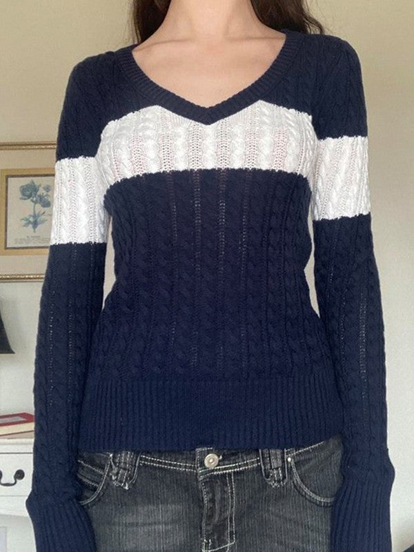 V Neck Striped Cable Knit Top