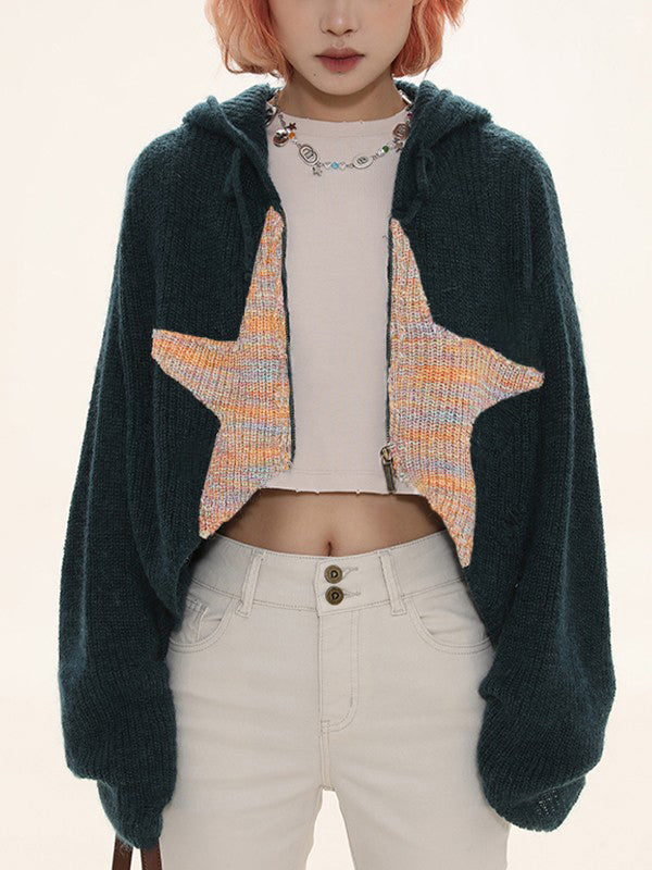 Star Jacquard Zip Up Hooded Knit Cardigan