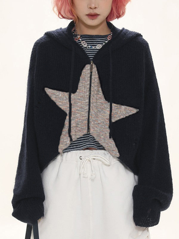 Star Jacquard Zip Up Hooded Knit Cardigan