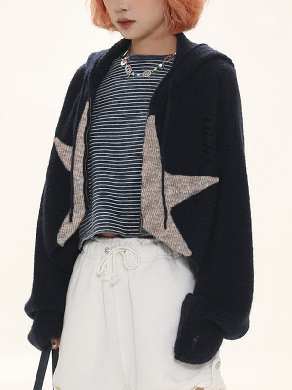 Star Jacquard Zip Up Hooded Knit Cardigan