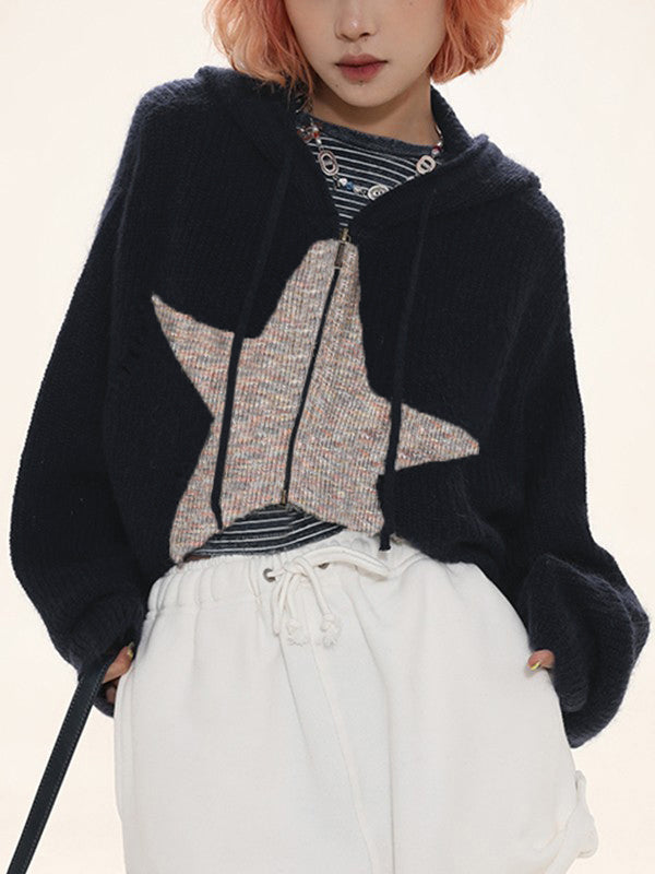 Star Jacquard Zip Up Hooded Knit Cardigan