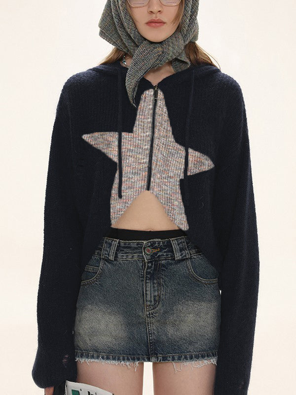 Star Jacquard Zip Up Hooded Knit Cardigan