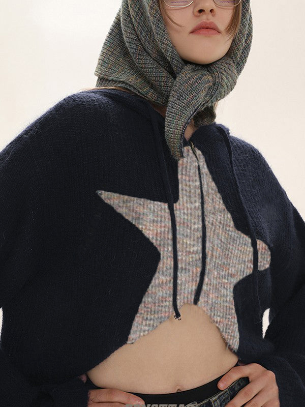 Star Jacquard Zip Up Hooded Knit Cardigan