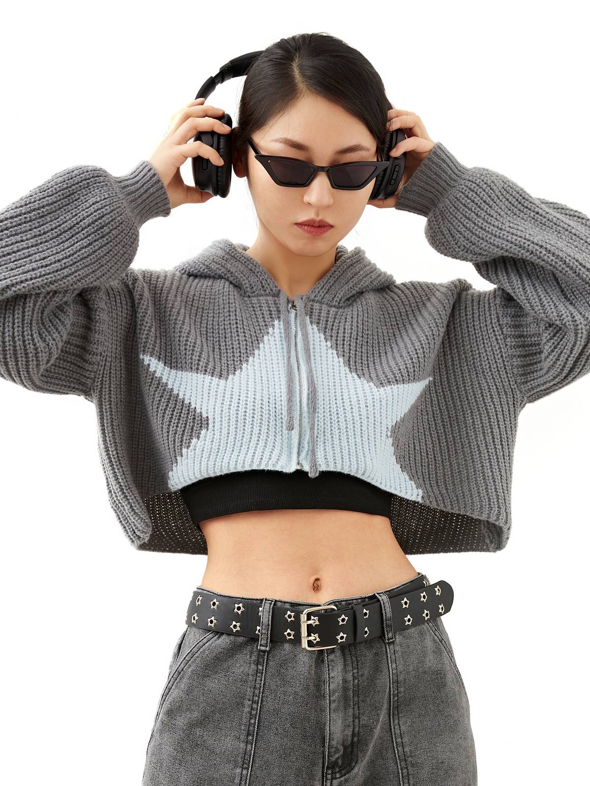 Star Jacquard Zip Up Hooded Knit Cardigan