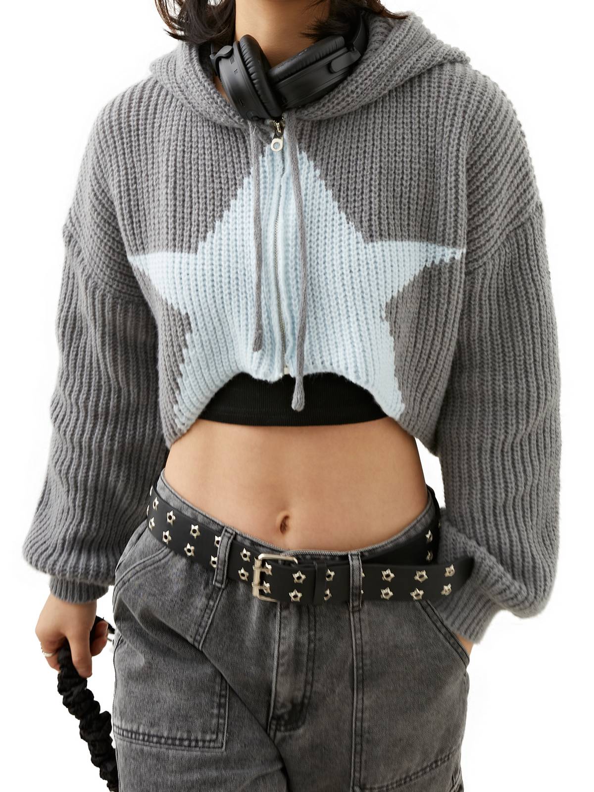 Star Jacquard Zip Up Hooded Knit Cardigan