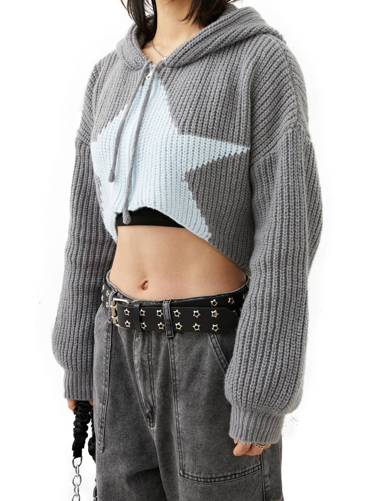 Star Jacquard Zip Up Hooded Knit Cardigan