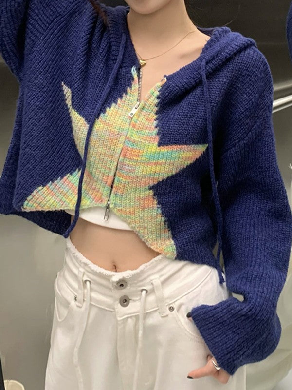 Star Jacquard Zip Up Hooded Knit Cardigan