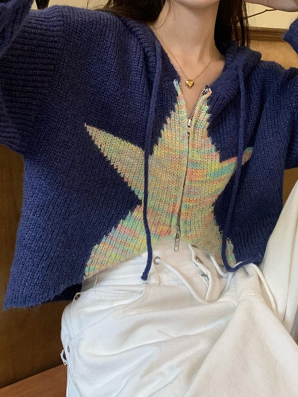 Star Jacquard Zip Up Hooded Knit Cardigan