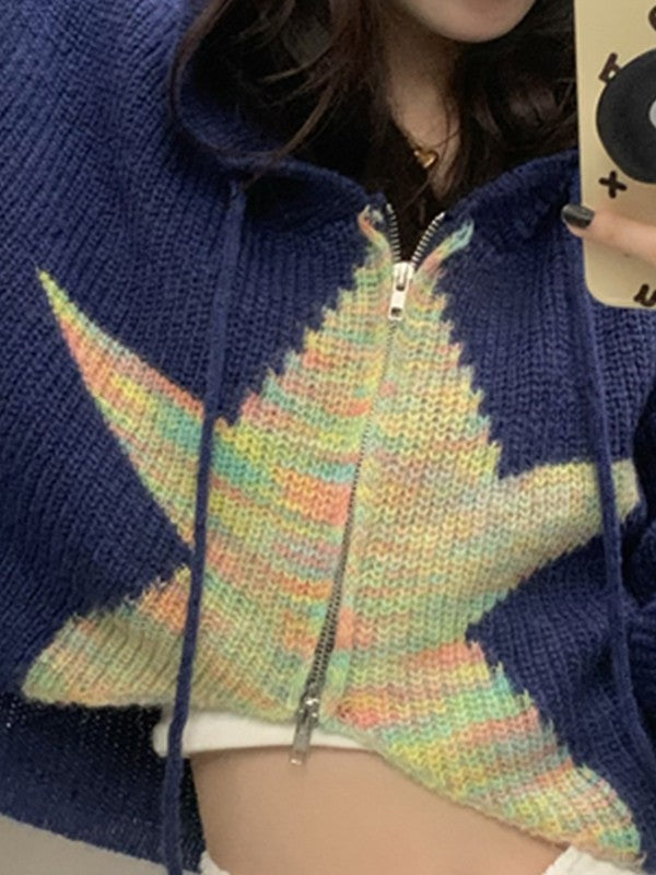 Star Jacquard Zip Up Hooded Knit Cardigan