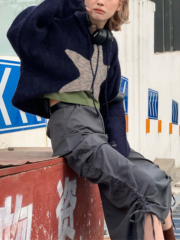 Star Jacquard Zip Up Hooded Knit Cardigan