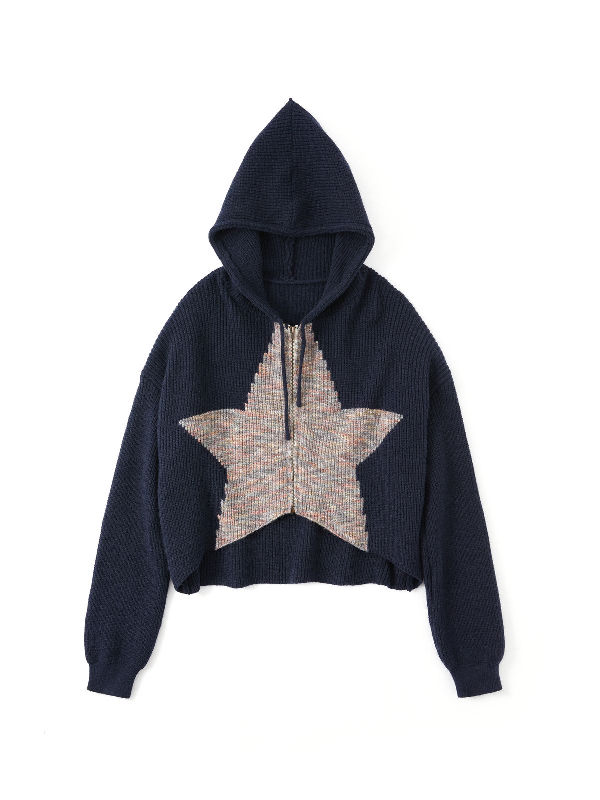 Star Jacquard Zip Up Hooded Knit Cardigan