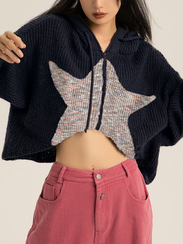 Star Jacquard Zip Up Hooded Knit Cardigan