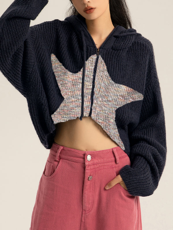 Star Jacquard Zip Up Hooded Knit Cardigan