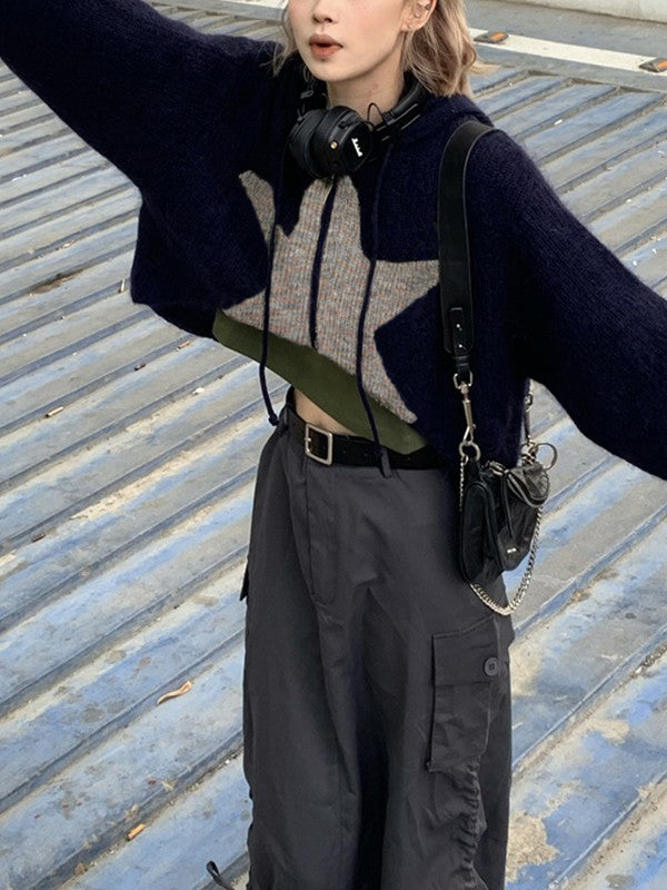 Star Jacquard Zip Up Hooded Knit Cardigan
