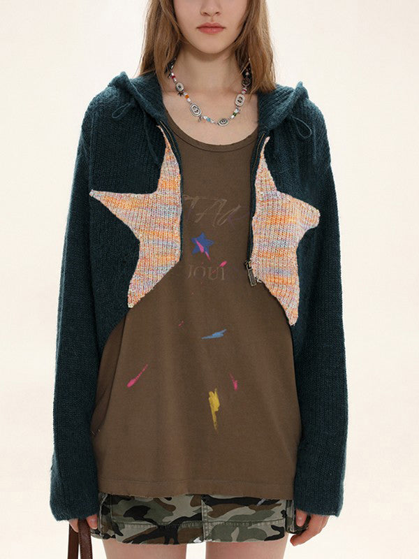 Star Jacquard Zip Up Hooded Knit Cardigan
