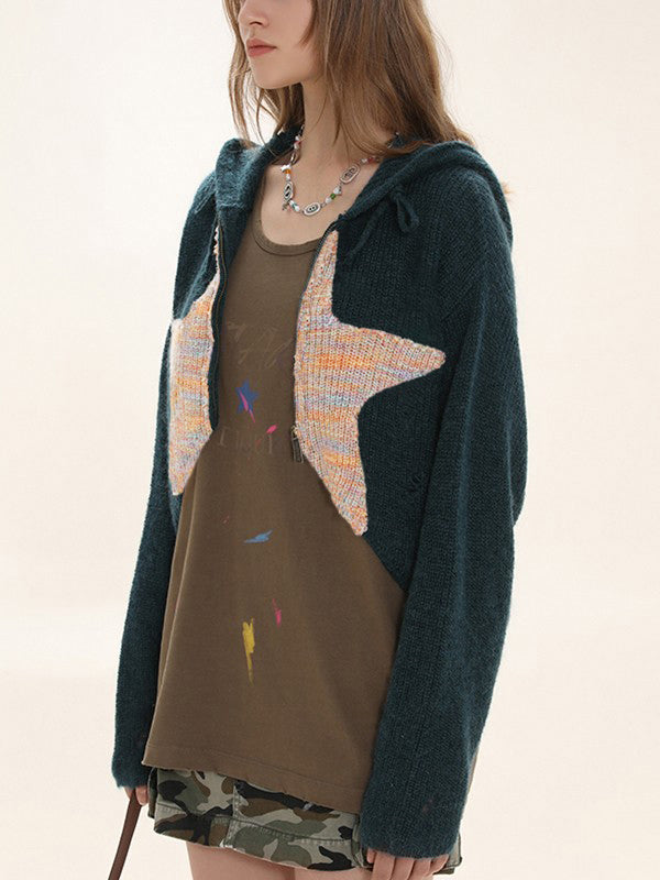 Star Jacquard Zip Up Hooded Knit Cardigan