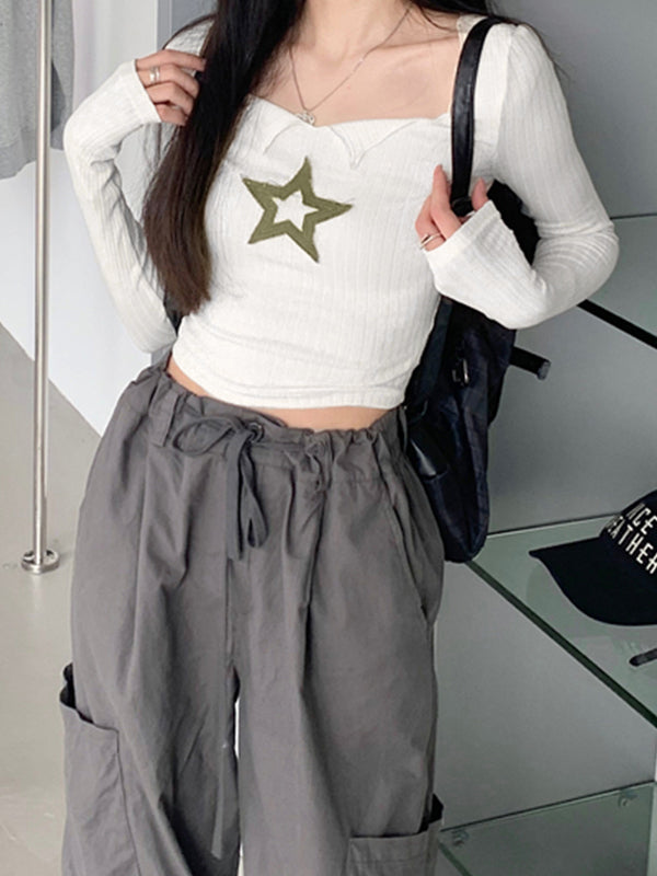 Star Patch Long Sleeve Knit Crop Top
